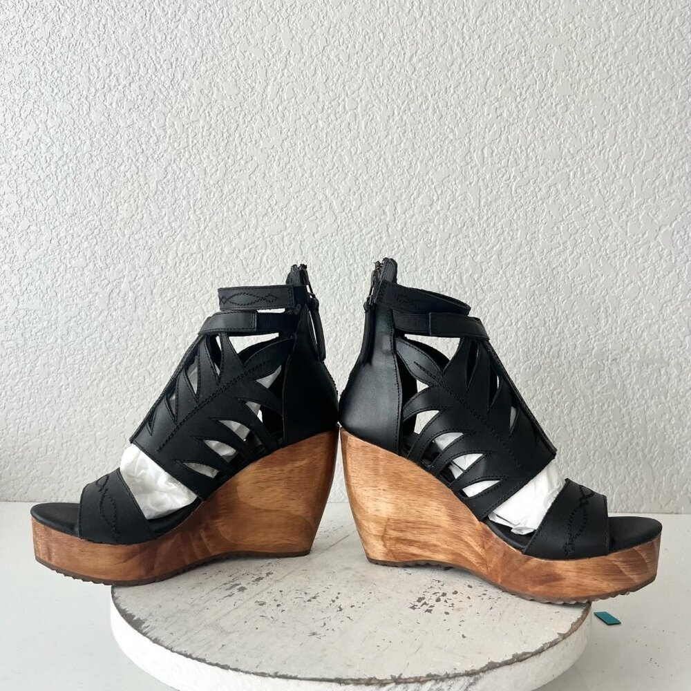 Lane Boots BECCA Womens Black Wedges Western Sandals Cowgirl Wooden Heel Size 5 - Picture 7 of 11